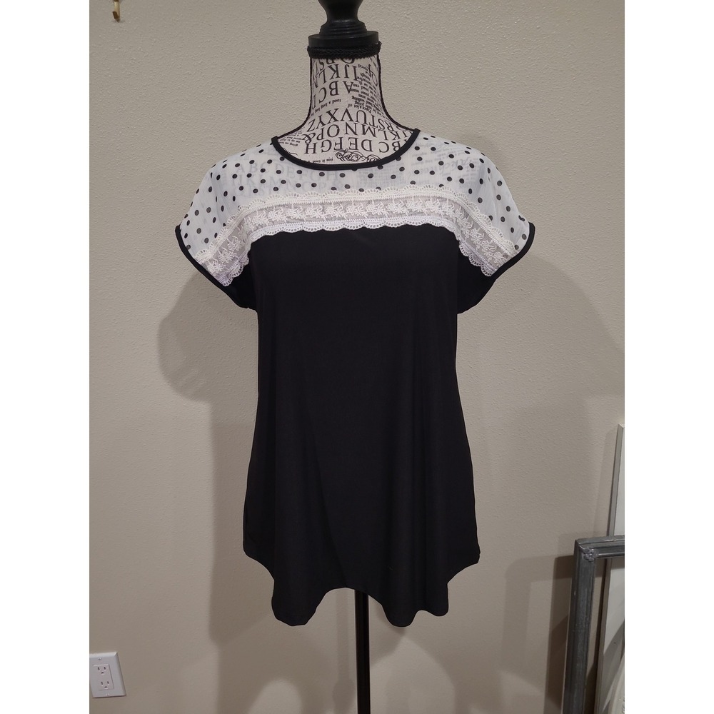 Faith and Joy black White feminine polka dot sheer cap sleeve top Women SZ S